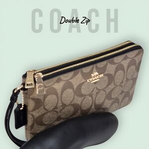 Coach Khaki And Brown Signature Coated Canvas Large Double Corner Zip Wristlet